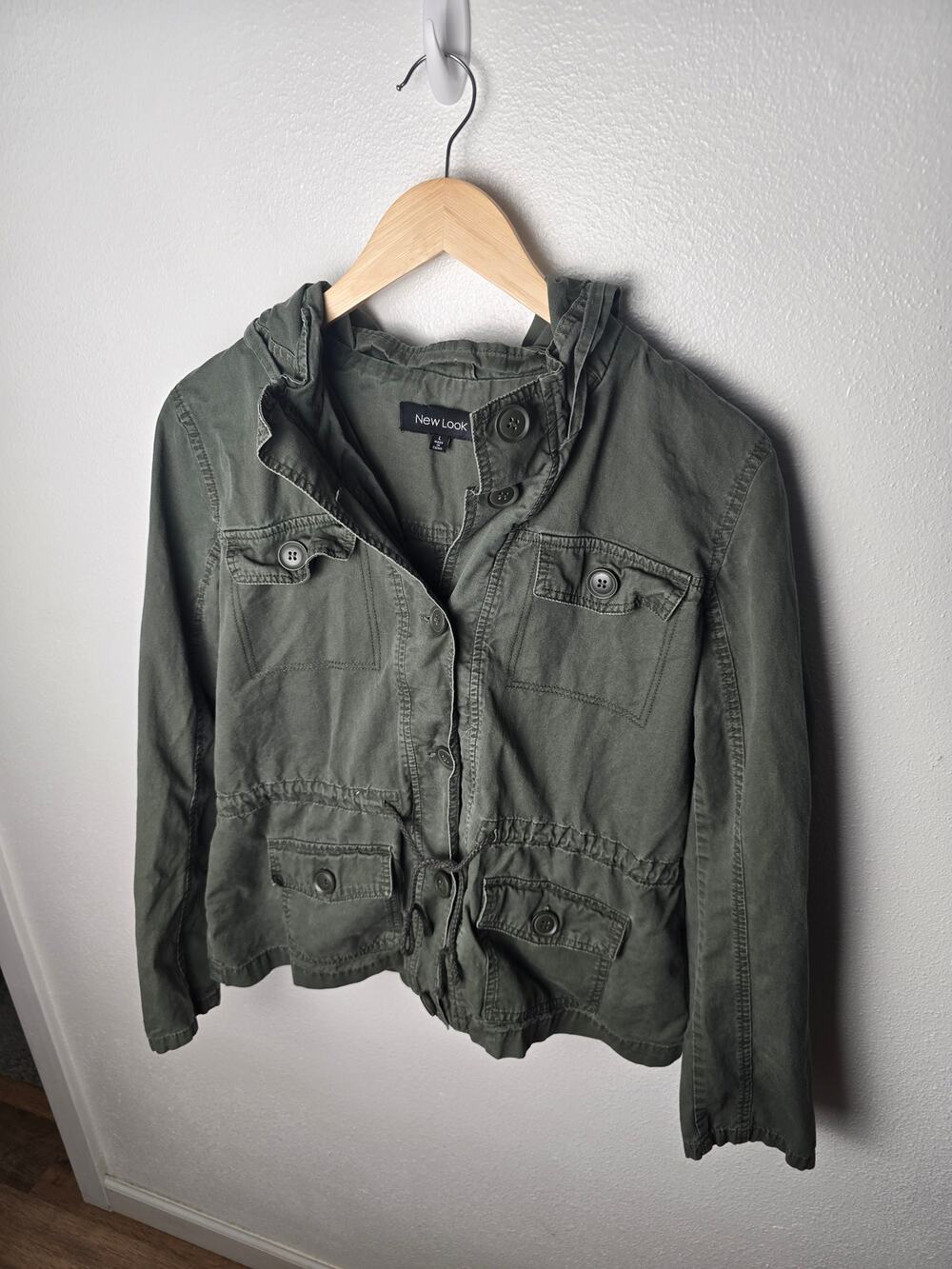 New Look Utility Jacket Womens L Olive Green Hooded Military Cargo Field